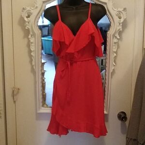 Cupcakes And Cashmere Flirty Ruffled Dark Coral Wrap Mini Dress size 4.